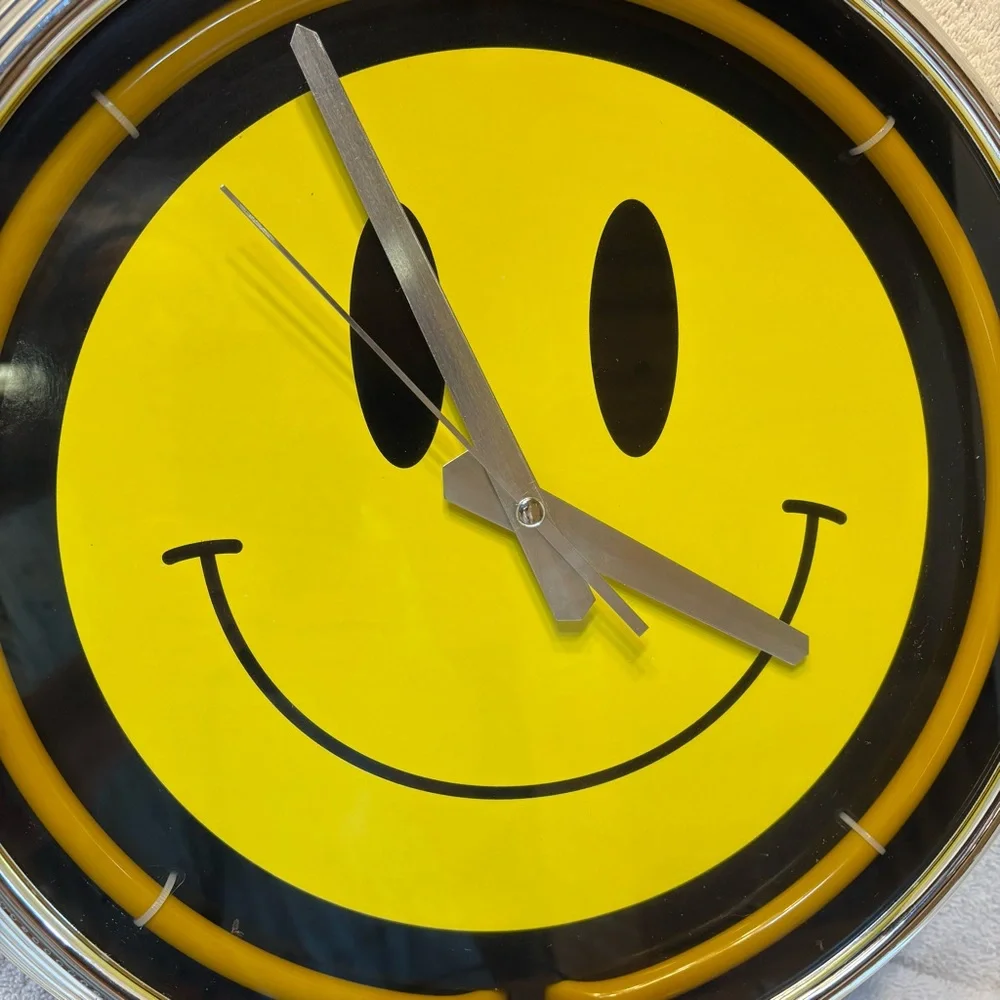 Smiley Face Neon Yellow Light Up Clock with Silver Chrome Frame